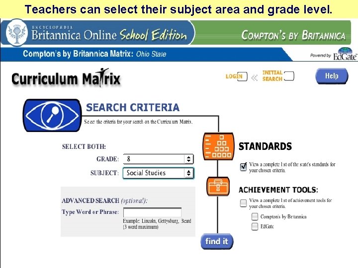 Teachers can select their subject area and grade level. 