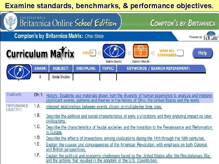 Examine standards, benchmarks, & performance objectives. 