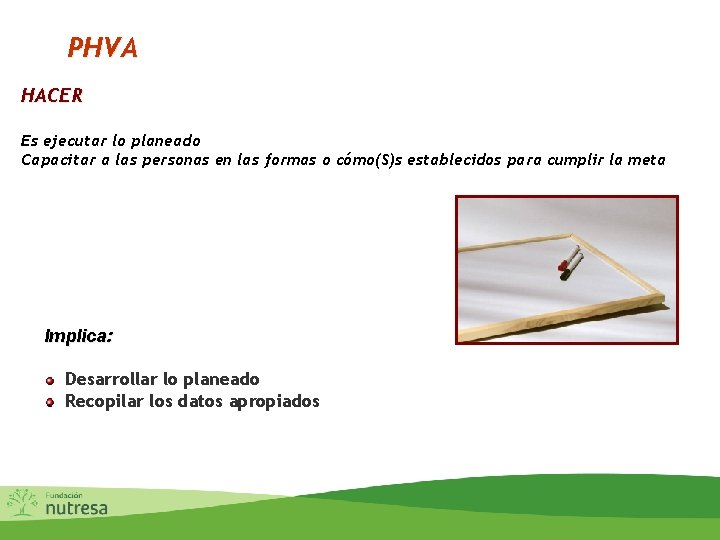 PHVA HACER Es ejecutar lo planeado Capacitar a las personas en las formas o PHVA HACER Es ejecutar lo planeado Capacitar a las personas en las formas o