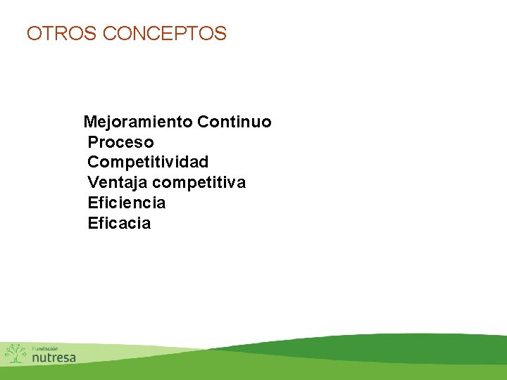 OTROS CONCEPTOS Mejoramiento Continuo Proceso Competitividad Ventaja competitiva Eficiencia Eficacia 