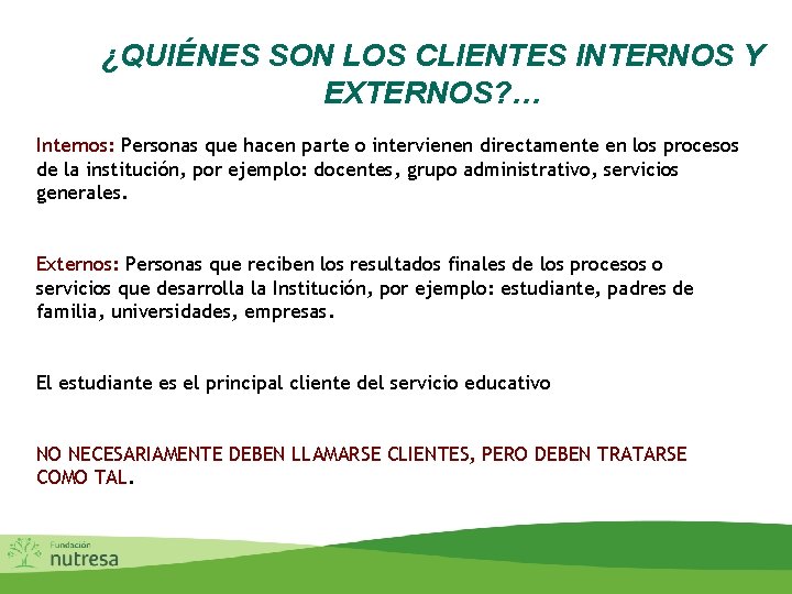 ¿QUIÉNES SON LOS CLIENTES INTERNOS Y EXTERNOS? … Internos: Personas que hacen parte o