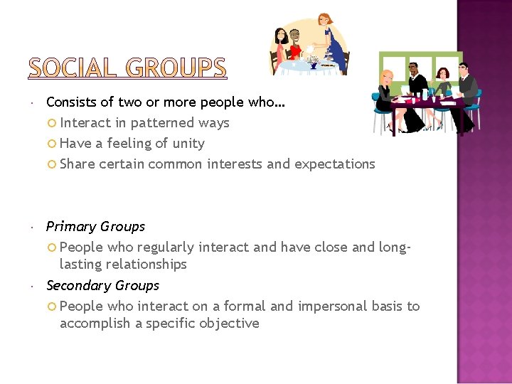  Consists of two or more people who… Interact in patterned ways Have a