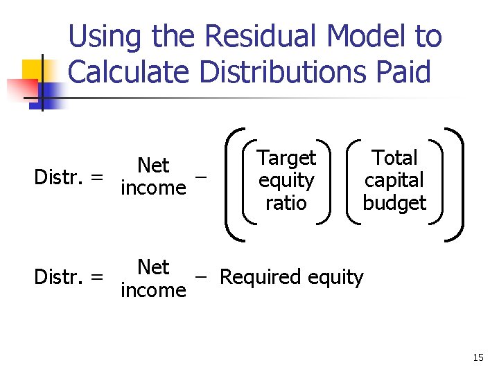 Using the Residual Model to Calculate Distributions Paid Net Distr. = income – Distr.