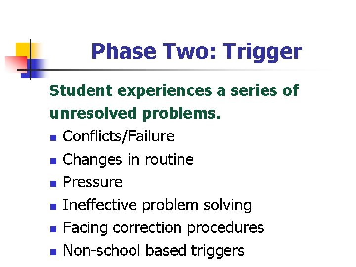 Phase Two: Trigger Student experiences a series of unresolved problems. n Conflicts/Failure n Changes