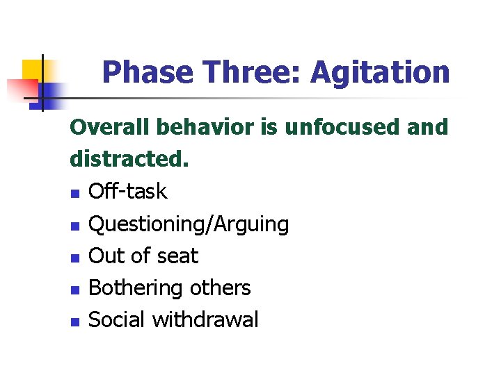 Phase Three: Agitation Overall behavior is unfocused and distracted. n Off-task n Questioning/Arguing n