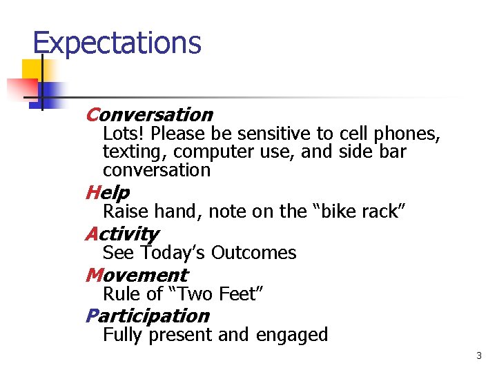 Expectations Conversation Lots! Please be sensitive to cell phones, texting, computer use, and side