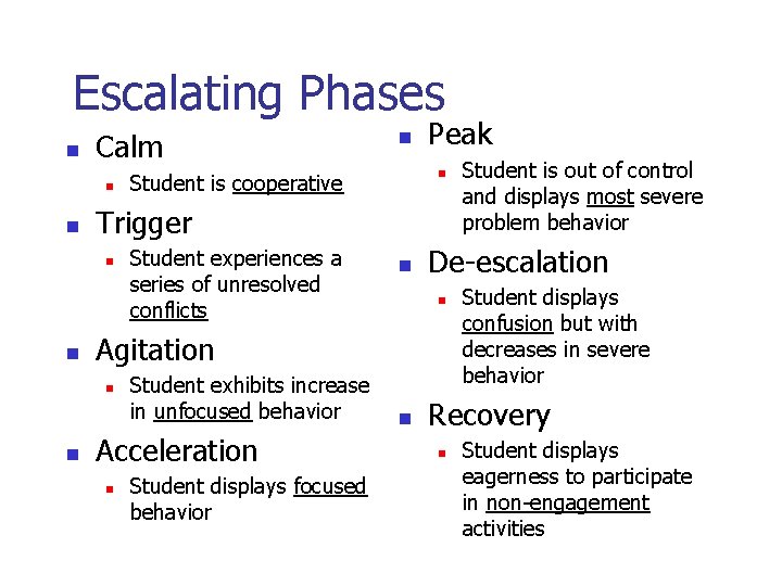 Escalating Phases n Calm n n n Student is cooperative Student experiences a series