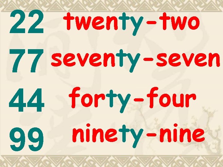 22 twenty-two seventy-seven 77 forty-four 44 ninety-nine 99 22 twenty-two seventy-seven 77 forty-four 44 ninety-nine 99