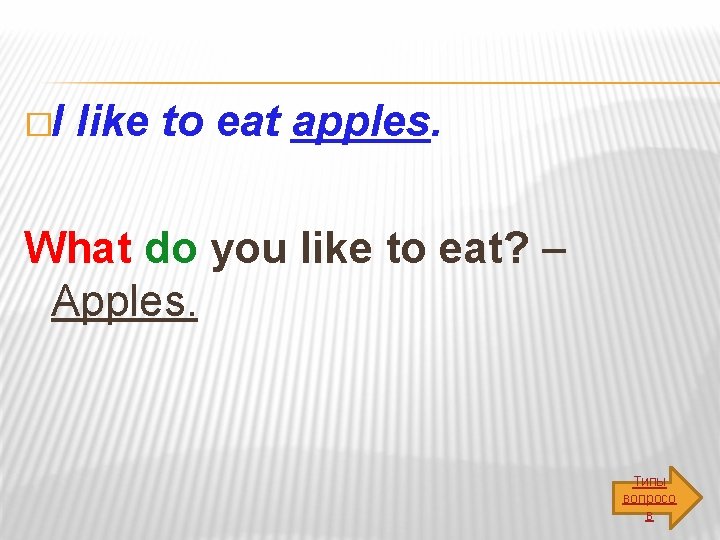 �I like to eat apples. What do you like to eat? – Apples. Типы