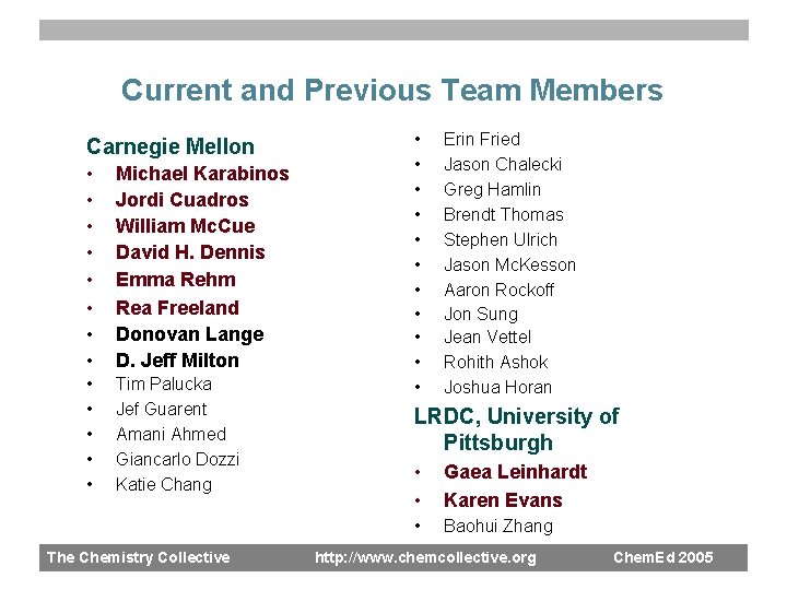 Current and Previous Team Members Carnegie Mellon • • Michael Karabinos Jordi Cuadros William