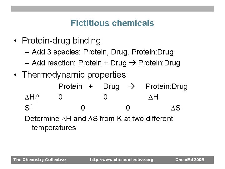 Fictitious chemicals • Protein-drug binding – Add 3 species: Protein, Drug, Protein: Drug –