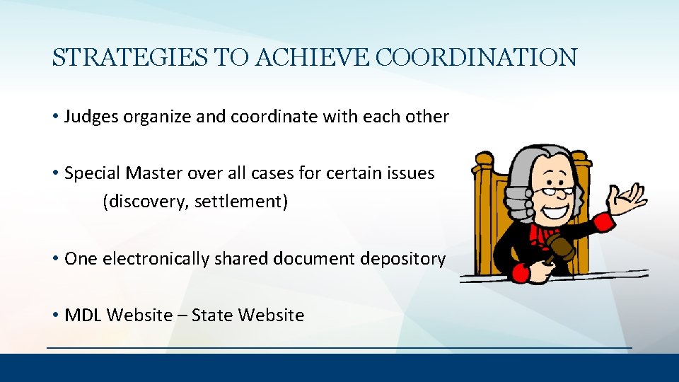 STRATEGIES TO ACHIEVE COORDINATION • Judges organize and coordinate with each other • Special
