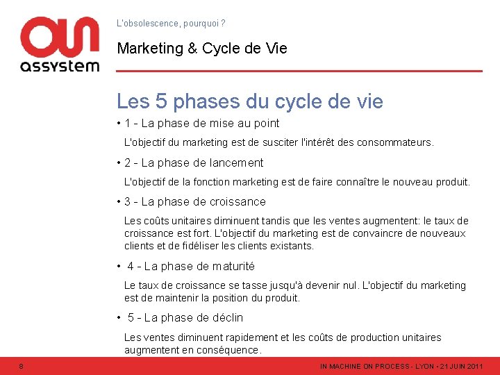 L’obsolescence, pourquoi ? Marketing & Cycle de Vie Les 5 phases du cycle de