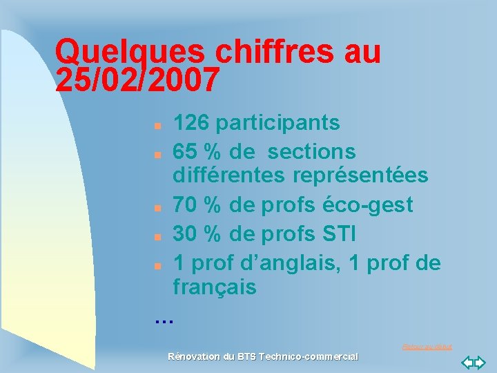 Quelques chiffres au 25/02/2007 126 participants n 65 % de sections différentes représentées n