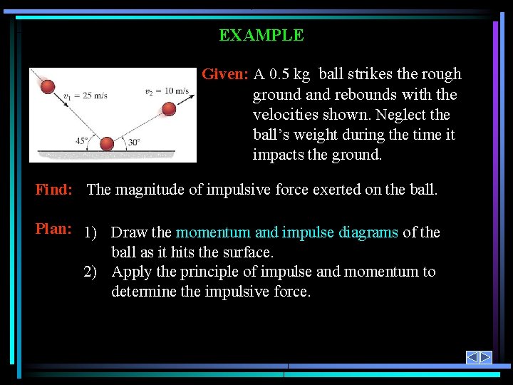 EXAMPLE Given: A 0. 5 kg ball strikes the rough ground and rebounds with EXAMPLE Given: A 0. 5 kg ball strikes the rough ground and rebounds with