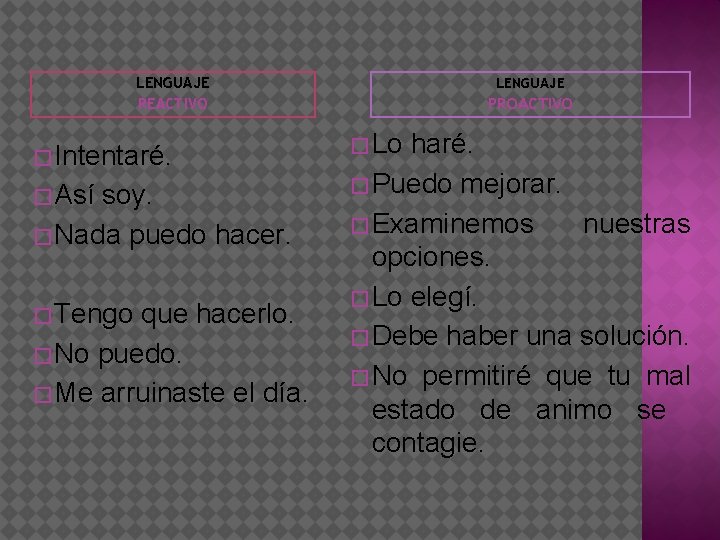 LENGUAJE REACTIVO � Intentaré. � Así soy. � Nada puedo hacer. � Tengo que