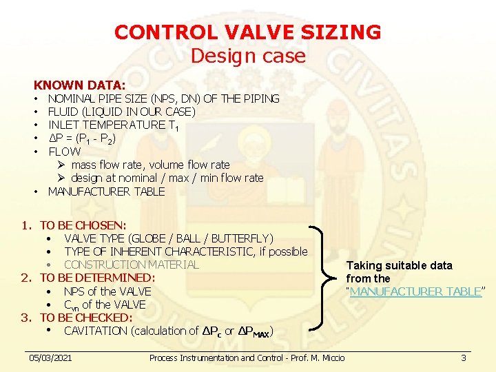 CONTROL VALVE SIZING Design case KNOWN DATA: NOMINAL PIPE SIZE (NPS, DN) OF THE