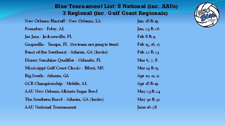 Blue Tournament List: 8 National (inc. AAUs) 3 Regional (inc. Gulf Coast Regionals) New
