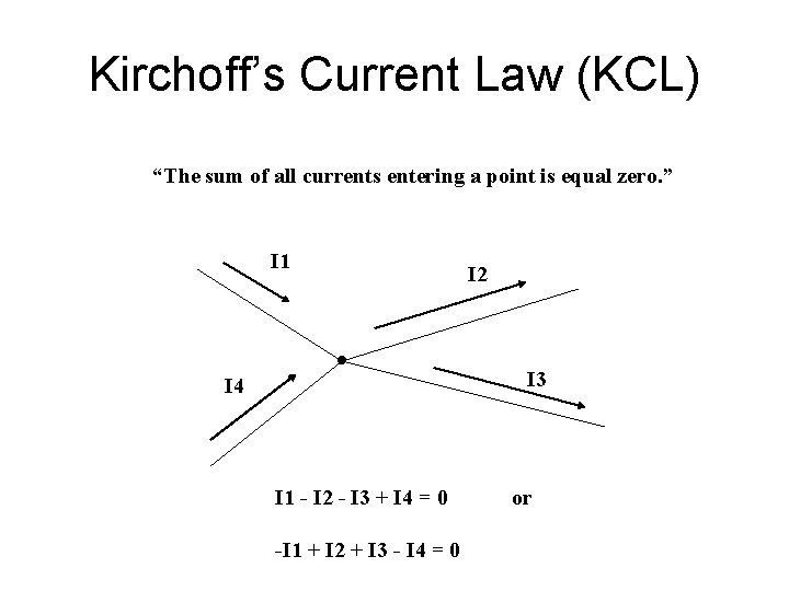 Kirchoff’s Current Law (KCL) “The sum of all currents entering a point is equal