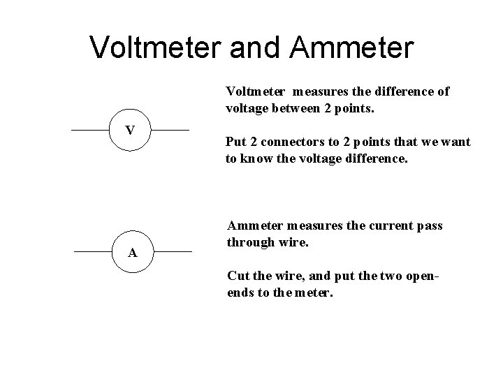 Voltmeter and Ammeter Voltmeter measures the difference of voltage between 2 points. V A