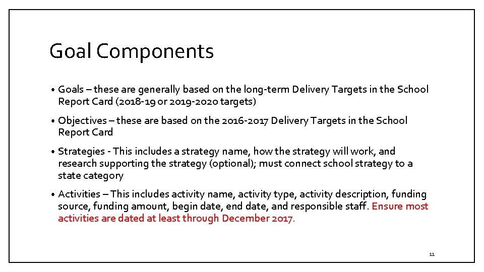 Goal Components • Goals – these are generally based on the long-term Delivery Targets