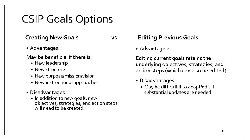 CSIP Goals Options Creating New Goals • vs Advantages: May be beneficial if there