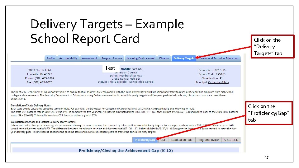 Delivery Targets – Example School Report Card Click on the “Delivery Targets” tab Test