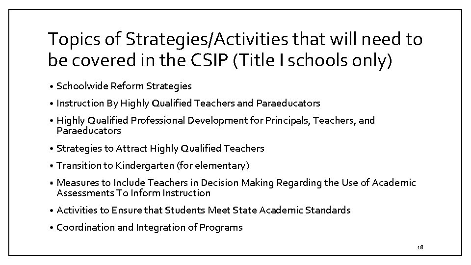 Topics of Strategies/Activities that will need to be covered in the CSIP (Title I