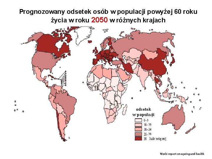 Prognozowany odsetek osób w populacji powyżej 60 roku życia w roku 2050 w różnych