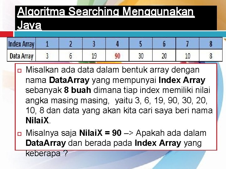 Algoritma Searching Menggunakan Java Misalkan ada data dalam bentuk array dengan nama Data. Array