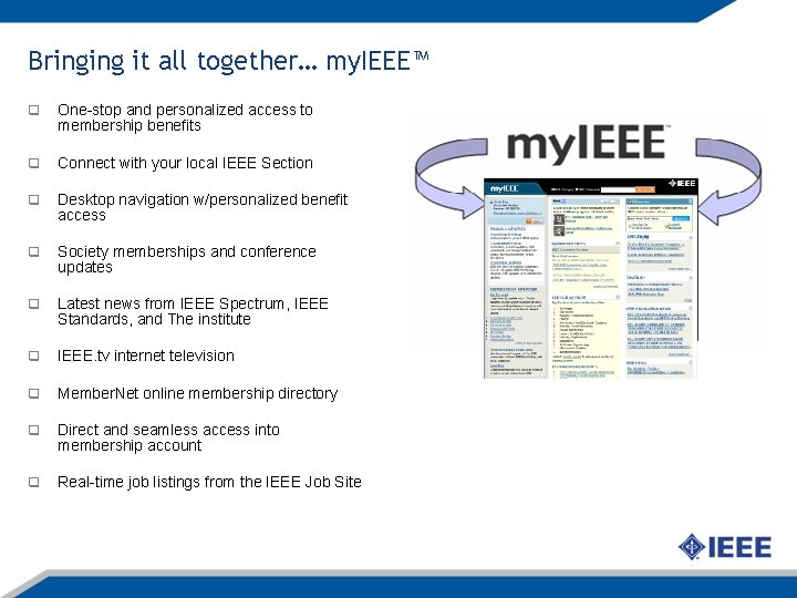 Bringing it all together… my. IEEE™ q One-stop and personalized access to membership benefits