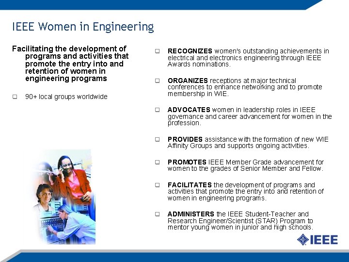 IEEE Women in Engineering Facilitating the development of programs and activities that promote the