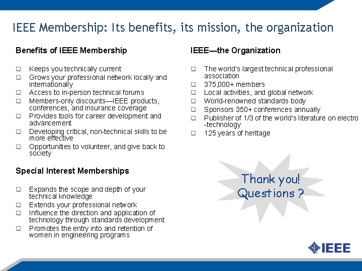 IEEE Membership: Its benefits, its mission, the organization Benefits of IEEE Membership q q