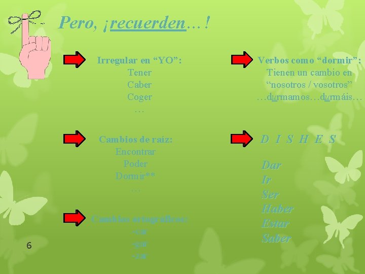 Pero, ¡recuerden…! Irregular en “YO”: Tener Caber Coger … Cambios de raíz: Encontrar Poder