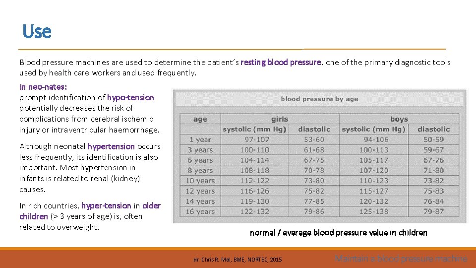 Use Blood pressure machines are used to determine the patient’s resting blood pressure, one