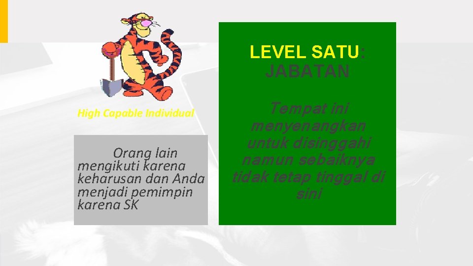 LEVEL SATU: JABATAN High Capable Individual Orang lain mengikuti karena keharusan dan Anda menjadi