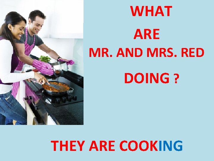 WHAT ARE MR. AND MRS. RED DOING ? THEY ARE COOKING 