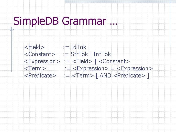 Simple. DB Grammar … <Field> <Constant> <Expression> <Term> <Predicate> : = Id. Tok :