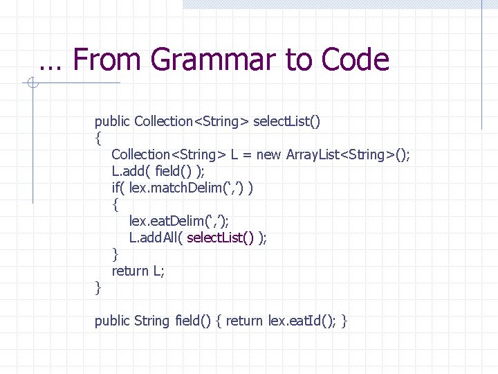 … From Grammar to Code public Collection<String> select. List() { Collection<String> L = new