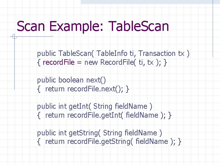 Scan Example: Table. Scan public Table. Scan( Table. Info ti, Transaction tx ) {