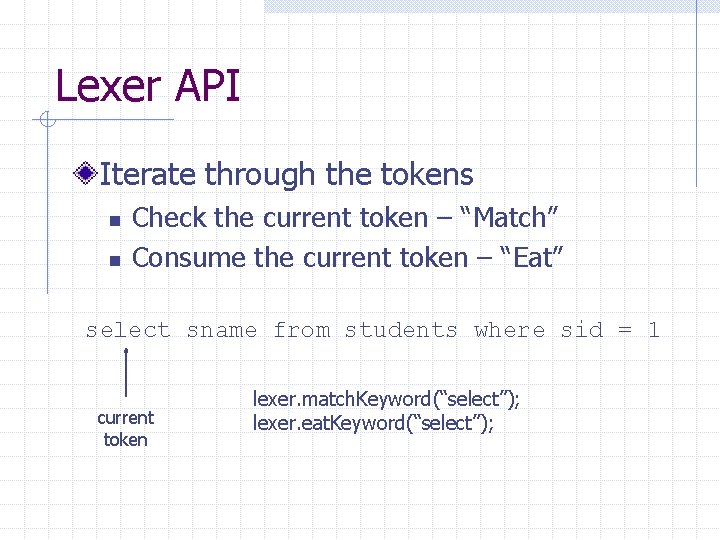 Lexer API Iterate through the tokens n n Check the current token – “Match”