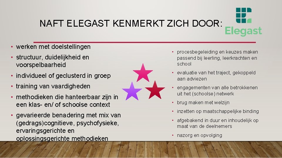 NAFT ELEGAST KENMERKT ZICH DOOR: • werken met doelstellingen • structuur, duidelijkheid en voorspelbaarheid