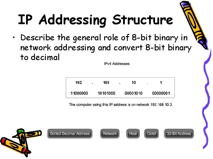 IP Addressing Structure • Describe the general role of 8 -bit binary in network