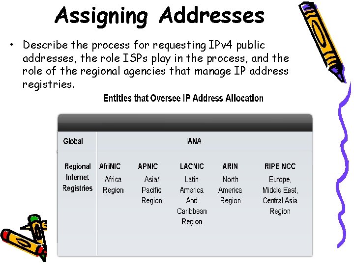 Assigning Addresses • Describe the process for requesting IPv 4 public addresses, the role
