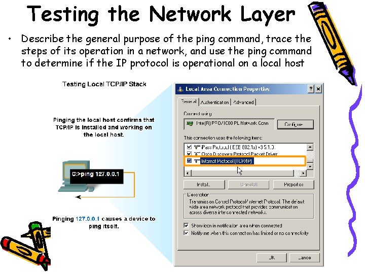 Testing the Network Layer • Describe the general purpose of the ping command, trace