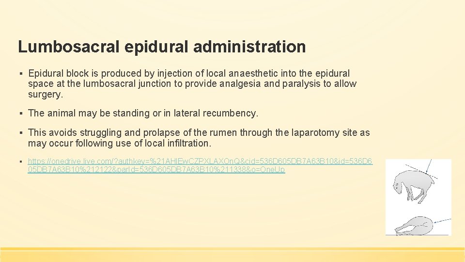 Lumbosacral epidural administration ▪ Epidural block is produced by injection of local anaesthetic into
