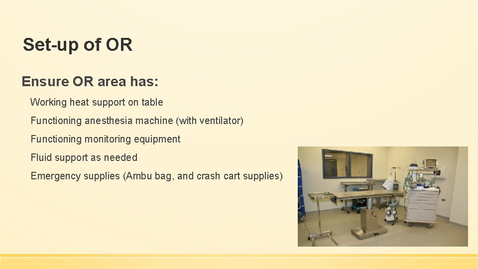 Set-up of OR Ensure OR area has: Working heat support on table Functioning anesthesia