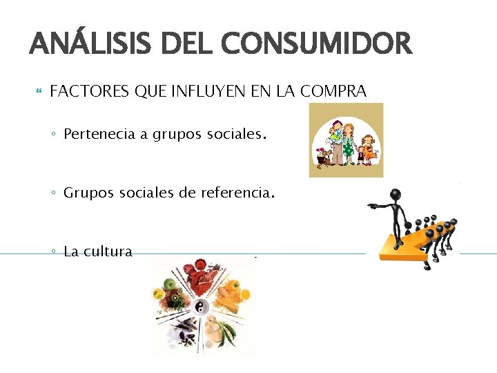 ANÁLISIS DEL CONSUMIDOR FACTORES QUE INFLUYEN EN LA COMPRA ◦ Pertenecia a grupos sociales.