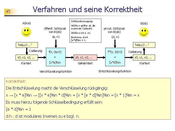 Verfahren und seine Korrektheit 45 Schlüsselerzeugung: A(lice) öffentl. Schlüssel von B(ob) (e, n) B(ob)