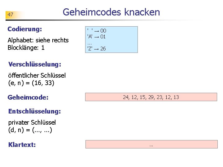 47 Geheimcodes knacken Codierung: Alphabet: siehe rechts Blocklänge: 1 ' ' → 00 'A'